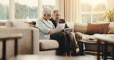 Buy stock photo Tablet, documents and planning with old couple on sofa for account review, check or retirement fund. Pension policy, online budget or insurance payout with senior man and woman in living room in home