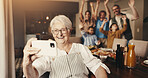 Grandmother, happy and selfie with big family in home, people and dinner party with memory. Post, photography and picture with old woman, cheering and grandpa with parents and kids for meal at house