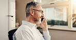 Phone call, smile and man in office for business negotiation, insurance cover or communication. Mobile, mature person and broker talk to contact at work for premium benefits, policy advice and happy