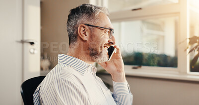 Buy stock photo Phone call, smile and man in office for business negotiation, insurance cover or communication. Mobile, mature person and broker talk to contact at work for premium benefits, policy advice and happy