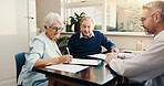 Old couple, signature and meeting with financial advisor in office, consultation or retirement plan. Wealth management, mature man and senior people with documents, help and approval for policy
