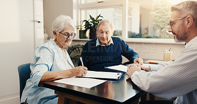 Buy stock photo Old couple, signature and meeting with financial advisor in office, consultation or retirement plan. Wealth management, mature man and senior people with documents, help and approval for policy