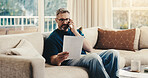 Finance, phone call or man in home with invoice, budget review or fintech help in online discussion. Guide, tech or mature person with paper, account advice or tax evaluation in digital consultation.