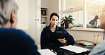 Financial advisor, meeting and old couple with woman in office for retirement policy, advice and review. Consulting, asset management and documents with people in agency for pension fund planning