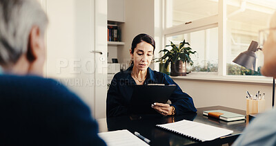 Buy stock photo Financial advisor, meeting and old couple with woman in office for retirement policy, advice and review. Consulting, asset management and documents with people in agency for pension fund planning