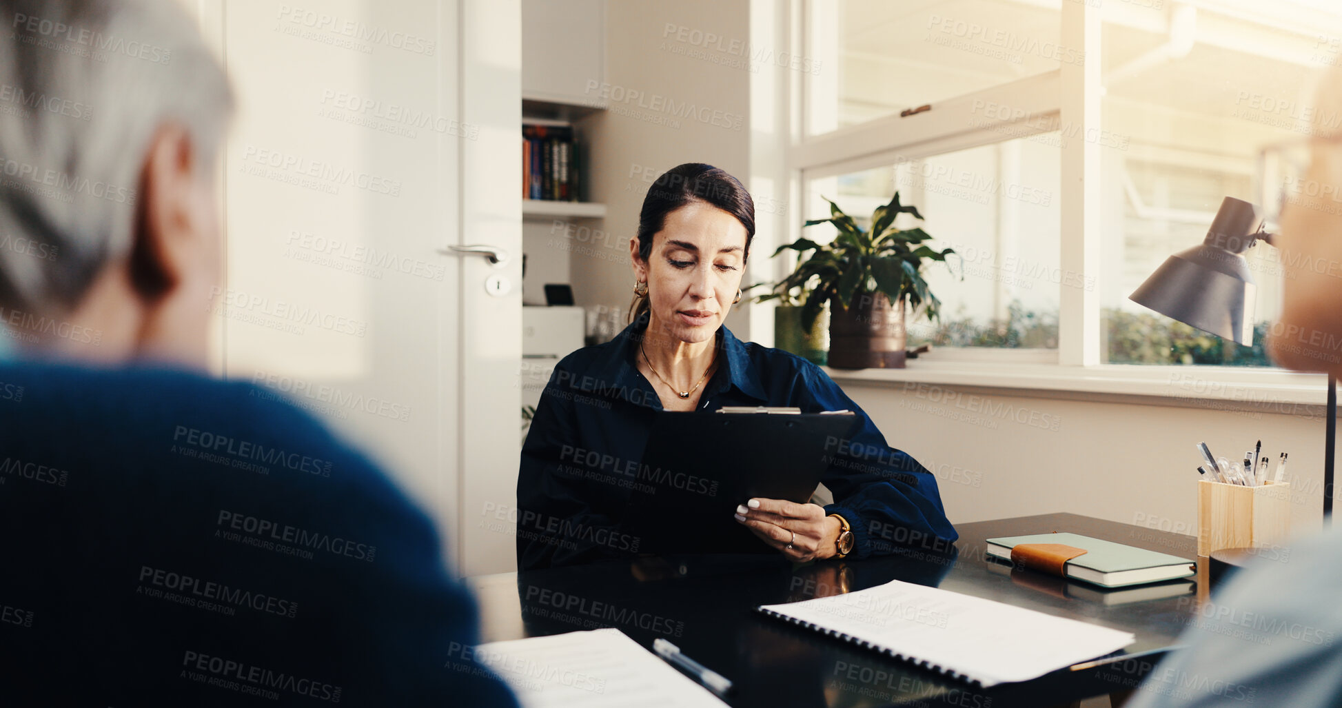 Buy stock photo Financial advisor, meeting and old couple with woman in office for retirement policy, advice and review. Consulting, asset management and documents with people in agency for pension fund planning