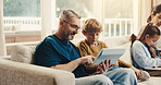 Smile, father and child at house with tablet, browsing website and interactive games for education. Man, helping and kid in lounge with digital, internet search and academic video for online learning