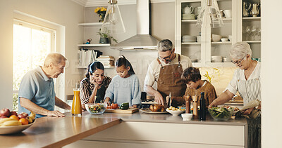 Buy stock photo Cooking, support and big family in kitchen for meal prep, supper and prepare food for bonding in home. Culinary skills, generations and people for dinner, conversation and thanksgiving feast