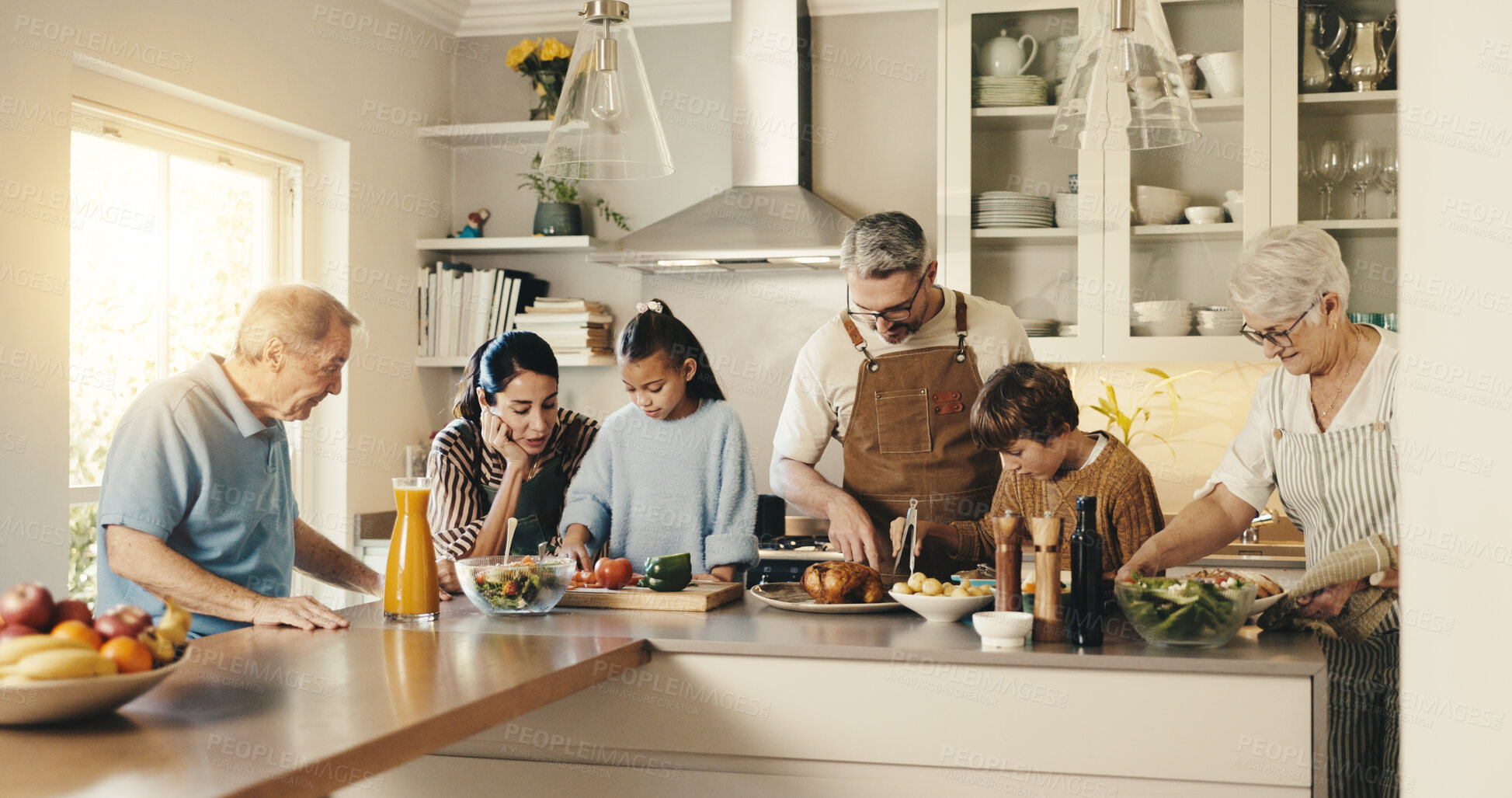 Buy stock photo Cooking, support and big family in kitchen for meal prep, supper and prepare food for bonding in home. Culinary skills, generations and people for dinner, conversation and thanksgiving feast