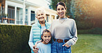 Portrait, mother and daughter outdoor with grandmother, support and bonding with visit by home. Happy, people and family in front yard with smile, embrace and generations together on lawn for memory
