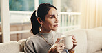 Coffee, relax and thinking with woman in living room of home for contemplation or reflection. Drink, me time and break with mature person in apartment for inspiration, nostalgia or perspective