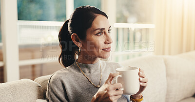 Buy stock photo Coffee, relax and thinking with woman in living room of home for contemplation or reflection. Drink, me time and break with mature person in apartment for inspiration, nostalgia or perspective