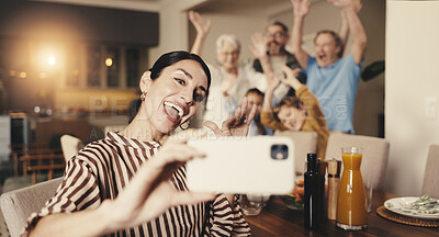 Buy stock photo Woman, excited and selfie with big family in home, happy people and dinner party with memory. Flare, photography and picture with mother, cheering and grandparents with dad and kids for meal at house