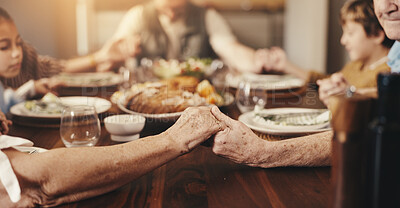 Buy stock photo Holding hands, prayer and family at dinner in home, gratitude for meal and faith with bonding. People, together and thanks to God for food on table, relationship and religion with gathering at house