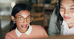 Business, people and night in office with computer, research and proofreading story for submission. Smile, women and team working late in workplace with tech, copywriting report and article deadline