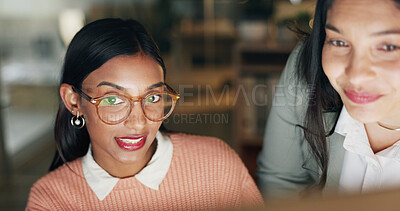 Buy stock photo Business, people and night in office with computer, research and proofreading story for submission. Smile, women and team working late in workplace with tech, copywriting report and article deadline