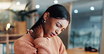 Business, woman and night with neck pain in office for bad posture, overworked or discomfort. Female person, employee or muscle tension with sore injury in late evening for fatigue or fibromyalgia