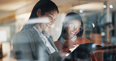 Buy stock photo Business, people and night in office with tablet, research and proofreading story for submission. Smile, women and team working late in workplace with digital, copywriting report and article deadline