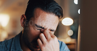 Buy stock photo Man, night and tired in office with headache, overworked and digital fatigue with pressure. Editor, exhausted and stress in workplace with creative block, brain fog and deadline with migraine