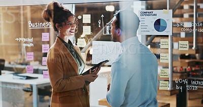 Buy stock photo Glass, team and happy people with tablet in business, conversation or planning for financial growth. Colleagues, laugh and brainstorming with sticky notes, graphs and data analysis with technology