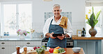 Portrait, cooking and old man in kitchen with tablet, healthy food and digital app for online recipe. Happy, senior person and tech in home with vegetables, meal prep guide or research for nutrition.