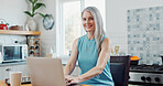 Portrait, laptop and mature woman in home with smile, remote work or creative writer for online blog. Happy, person and freelance worker in house with computer, internet and pride for blogger job.