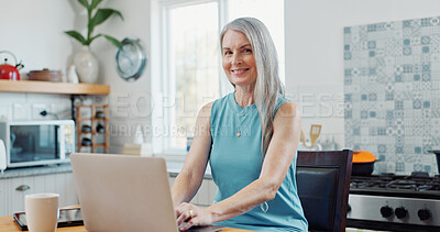 Buy stock photo Portrait, laptop and mature woman in home with smile, remote work or creative writer for online blog. Happy, person and freelance worker in house with computer, internet and pride for blogger job.