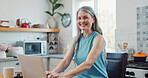 Portrait, laptop and mature woman in apartment with smile, remote work and writer for blog website. Happy, person and freelance worker in home with computer, internet and creativity for blogger job.