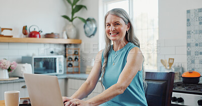 Buy stock photo Portrait, laptop and mature woman in apartment with smile, remote work and writer for blog website. Happy, person and freelance worker in home with computer, internet and creativity for blogger job.
