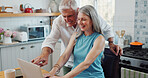 Mature, couple and browse in home with laptop, hotel booking choice or review itinerary for holiday. Happy, married people and plan vacation together in house with computer, online or travel website.