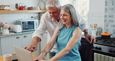 Buy stock photo Mature, couple and browse in home with laptop, hotel booking choice or review itinerary for holiday. Happy, married people and plan vacation together in house with computer, online or travel website.