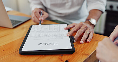 Buy stock photo Hands, man and writing at house with document, application and succession for last will. Mature person, reading and advisor in home with paperwork, legal contract and testament notary for inheritance