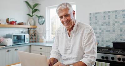 Buy stock photo Portrait, laptop and mature man in house with smile, remote work and creative writer for online blog. Happy, person and freelance worker in home with computer, internet or experience for blogger job.