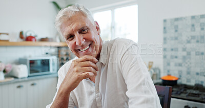 Buy stock photo Portrait, smile and senior man relax in home with positive attitude, retirement wellness and peace. Happy, calm pensioner and male person chill in apartment with optimism, good mood and stress free.