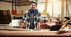 Portrait, man and carpenter at workshop with smile, career pride and about us for production. Happy, male person or laptop at factory for carpentry, woodworking and timber for manufacturing furniture