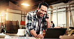 Carpenter, laptop and happy man with phone call in warehouse for wood production or supply chain. Male person, carpentry or smile with smartphone or computer for online order or distribution business