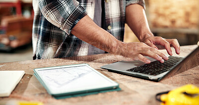 Buy stock photo Planning, hands and typing on laptop for carpentry, cut list update and log client revision on app. Carpenter, person and tech screen in workshop for material specs, supplier website and lumber order