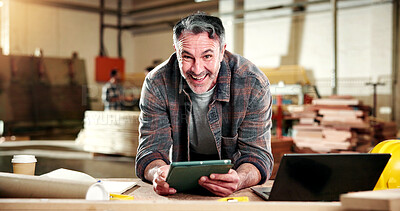 Buy stock photo Carpenter, portrait and man with tablet in workshop, online or research for furniture design on web. Warehouse, artisan and mature person with technology, happy and planning for woodworking project