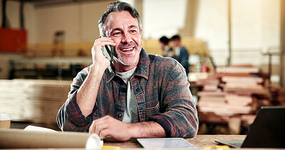 Buy stock photo Carpenter, happy and man in workshop for phone call, production schedule and planning. Construction, contractor and mature person on cellphone for contact, carpentry update and talking for renovation