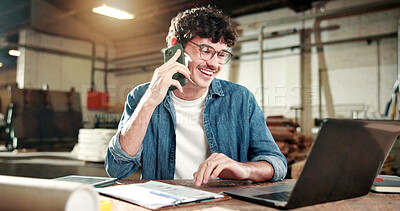 Buy stock photo Carpenter, laptop and man in workshop for phone call, production schedule and planning. Construction, contractor and person on cellphone for contact, carpentry update and talking for renovation