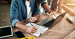 Hands, carpenter and laptop at factory with clipboard, research and pricing timber for production. People, checklist and pc at workshop for carpentry, quotation and order for manufacturing furniture