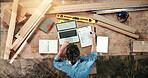 Above, carpenter and laptop at factory with clipboard, research and pricing timber for production. Man, checklist and tech at workshop for carpentry, quotation and order for manufacturing furniture