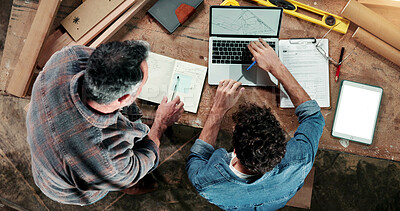 Buy stock photo Carpenter, paperwork and above of men on laptop for planning, production schedule and report. Construction, meeting and people on computer for review, inventory and woodworking for timber business