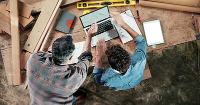Buy stock photo Carpenter, meeting and above of men on laptop for planning, production schedule and report. Construction, team and people on computer for review, lumber inventory and woodworking for timber business