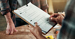 Hands, carpenter and writing at workshop with checklist, stock and timber price for production. People, review or clipboard at warehouse for carpentry, quotation and order for manufacturing furniture