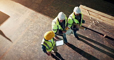 Buy stock photo Walking, clipboard and carpenter in workshop with tablet on furniture manufacturing in collaboration. Men, conversation and woodworkers with quality control for timber project in factory from above.