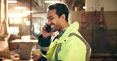 Buy stock photo Carpenter, coffee and man in workshop for phone call, production update and talking on break. Construction, contractor and person on cellphone for chat, project feedback and contact for renovation
