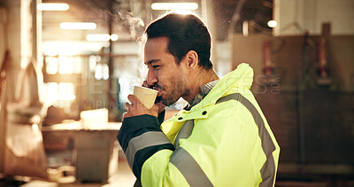 Buy stock photo Carpentry, coffee and man in workshop for break, rest and recharge with caffeine for renovation. Phone call, contractor and person with drink, cellphone and talking for contact, update and chat