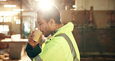 Buy stock photo Construction, coffee and man in workshop for break, rest and recharge with caffeine for renovation. Carpentry, contractor and person with drink, beverage and latte for energy, wellness and calm