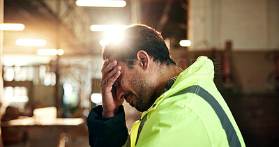 Buy stock photo Architect, man and stress with mistake in warehouse for distribution delay, deadline or bad news. Sad, construction or male person with depression for freight fail, building or supply chain issue
